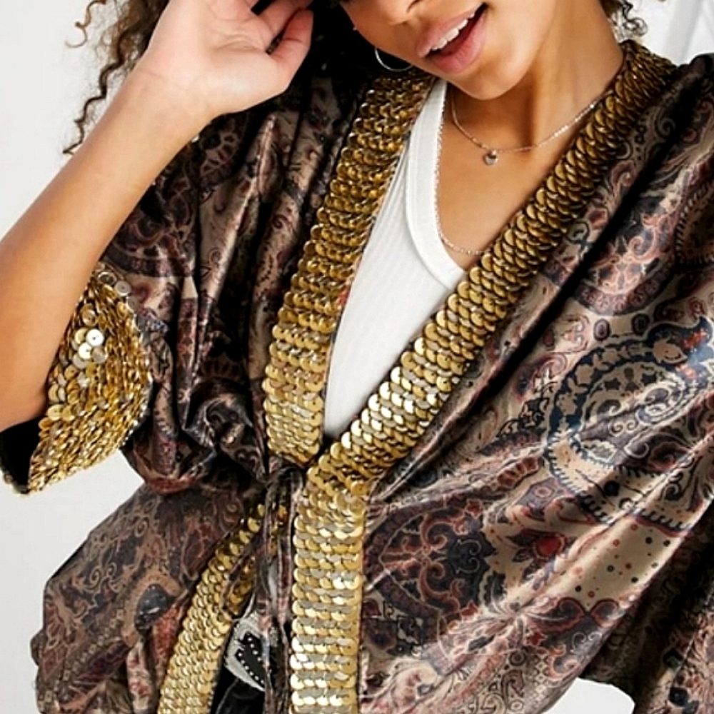 NWT🌹 Free People Layla Gold Embellished Velvet Silky Wrap Kimono Jacket, XS - Picture 6 of 12